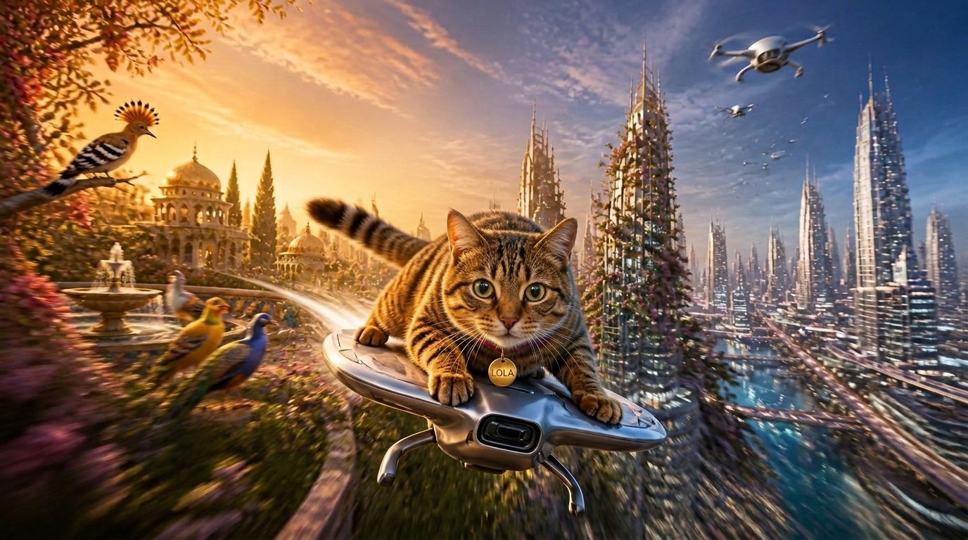 Lola the stray cat riding a hovering drone between a golden palace garden and a glowing city of the future